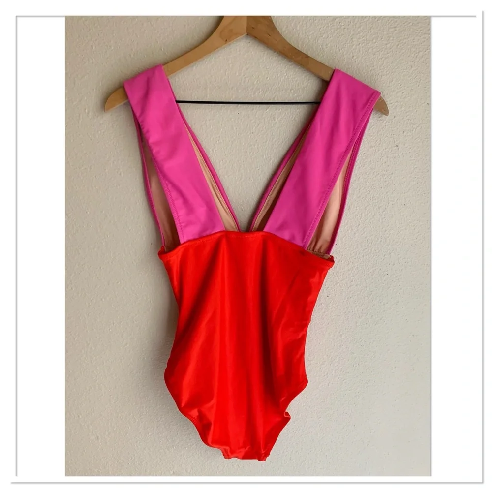 J.Crew Color Block V Neck One Piece Swimsuit Pink Red Size Small